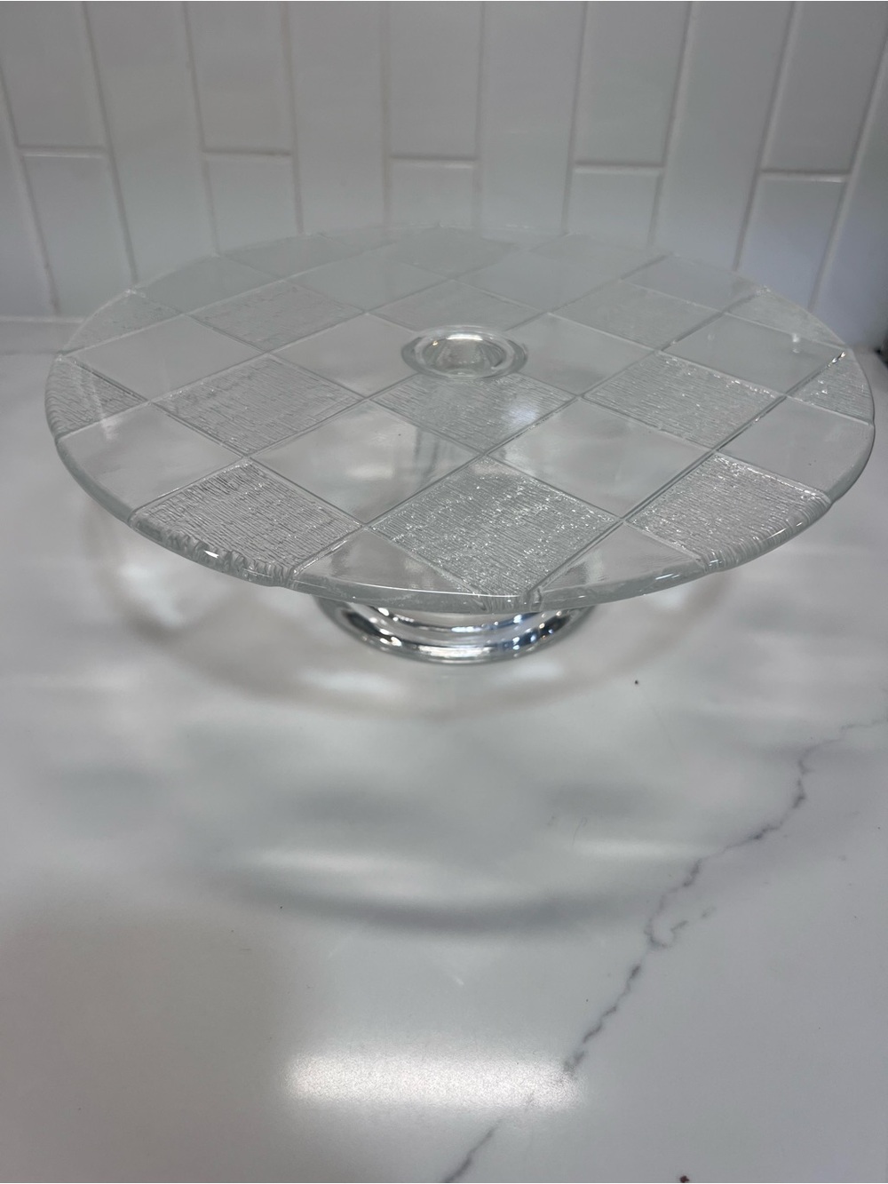 Vintage Pressed Glass Pedestal Cake Plate 11” Diameter 4” Tall Frosted Checkered